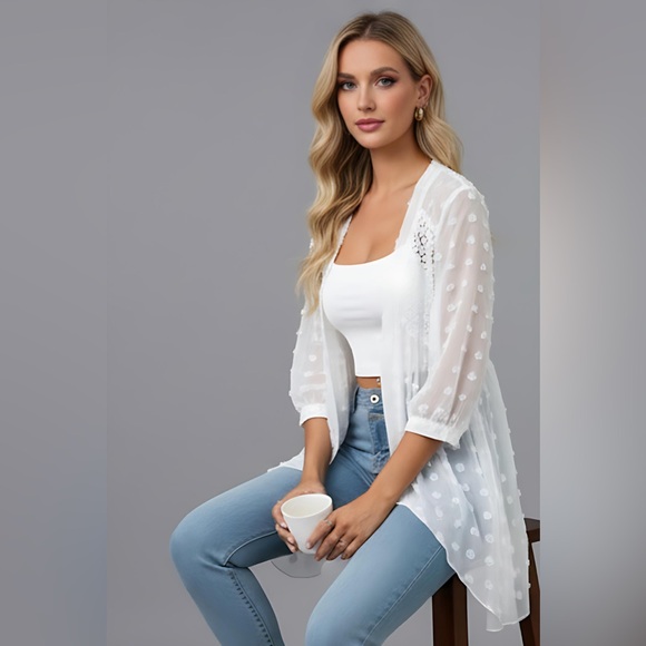 White Swiss Dot Open Front Asymmetrical Hem Shirt - Picture 5 of 12